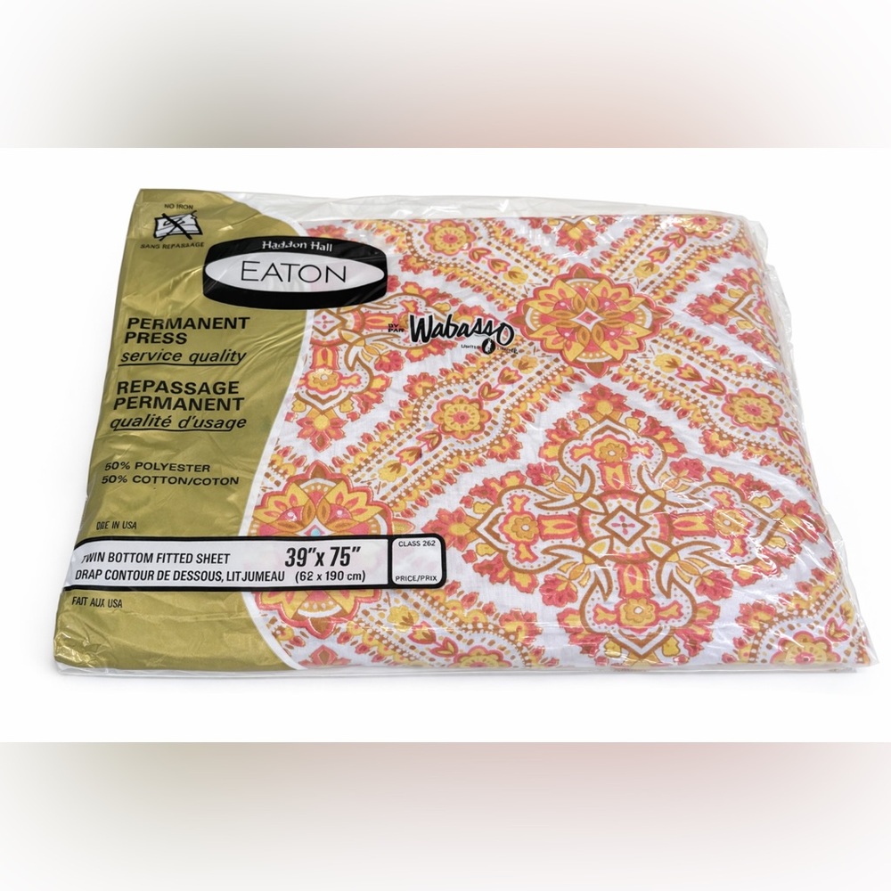 Vintage Eaton Wabasso Twin Fitted Sheet 70s Orange Yellow Floral NOS